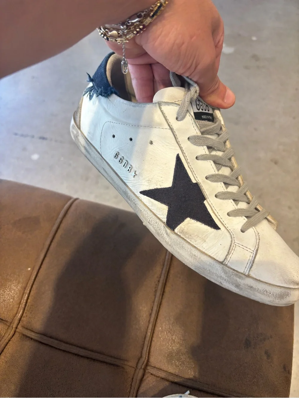 Golden Goose White Leather Sneaker with Navy Star and Heel